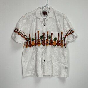 Aloha Mo'i Hawaii Mens Ukulele Chestband Aloha Shirt Large White Short Sleeve